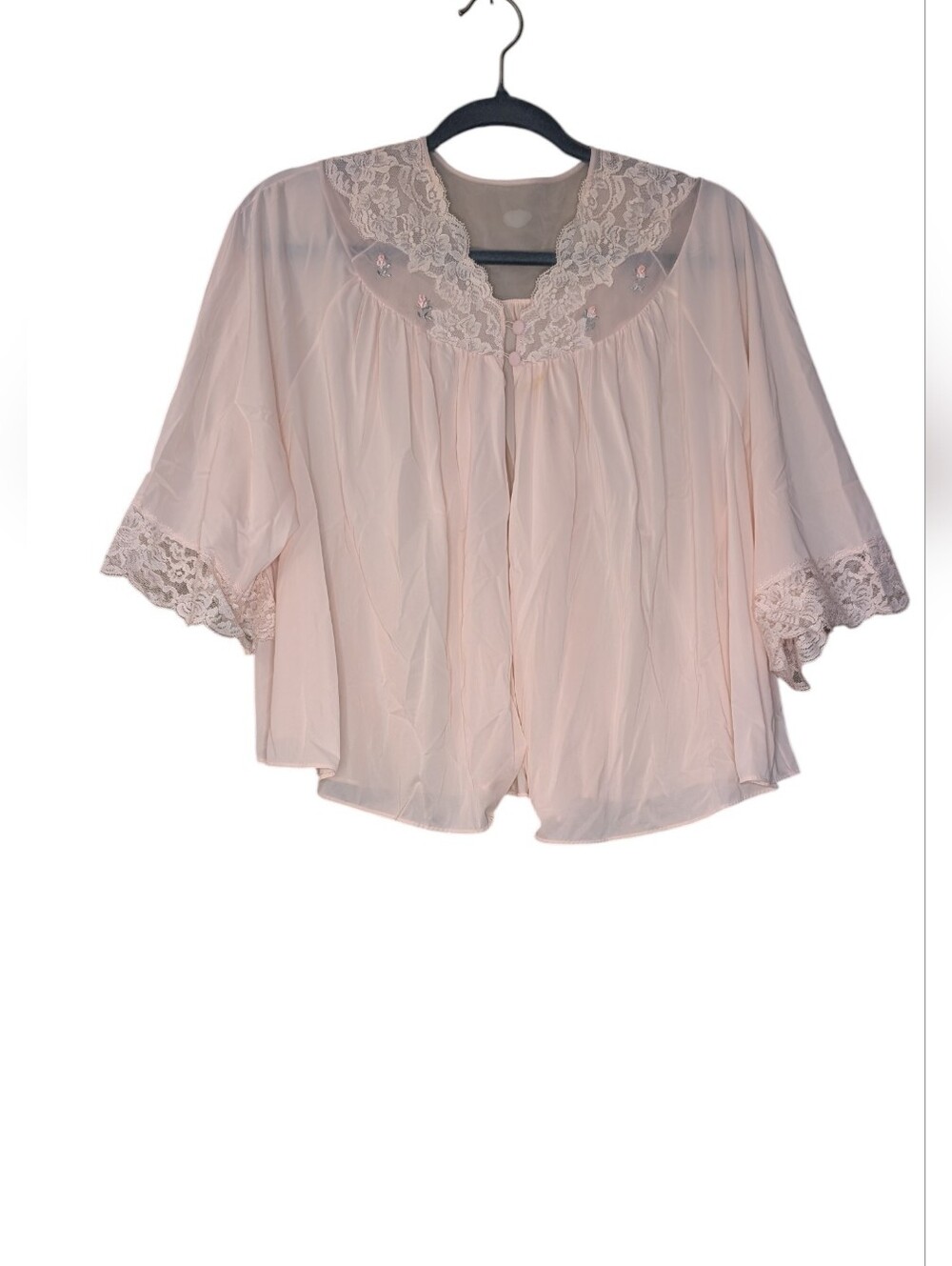 Vintage Shadowline Pink Nylon Bed Jacket Lace Trim Embroidered Rosebud Sz Large